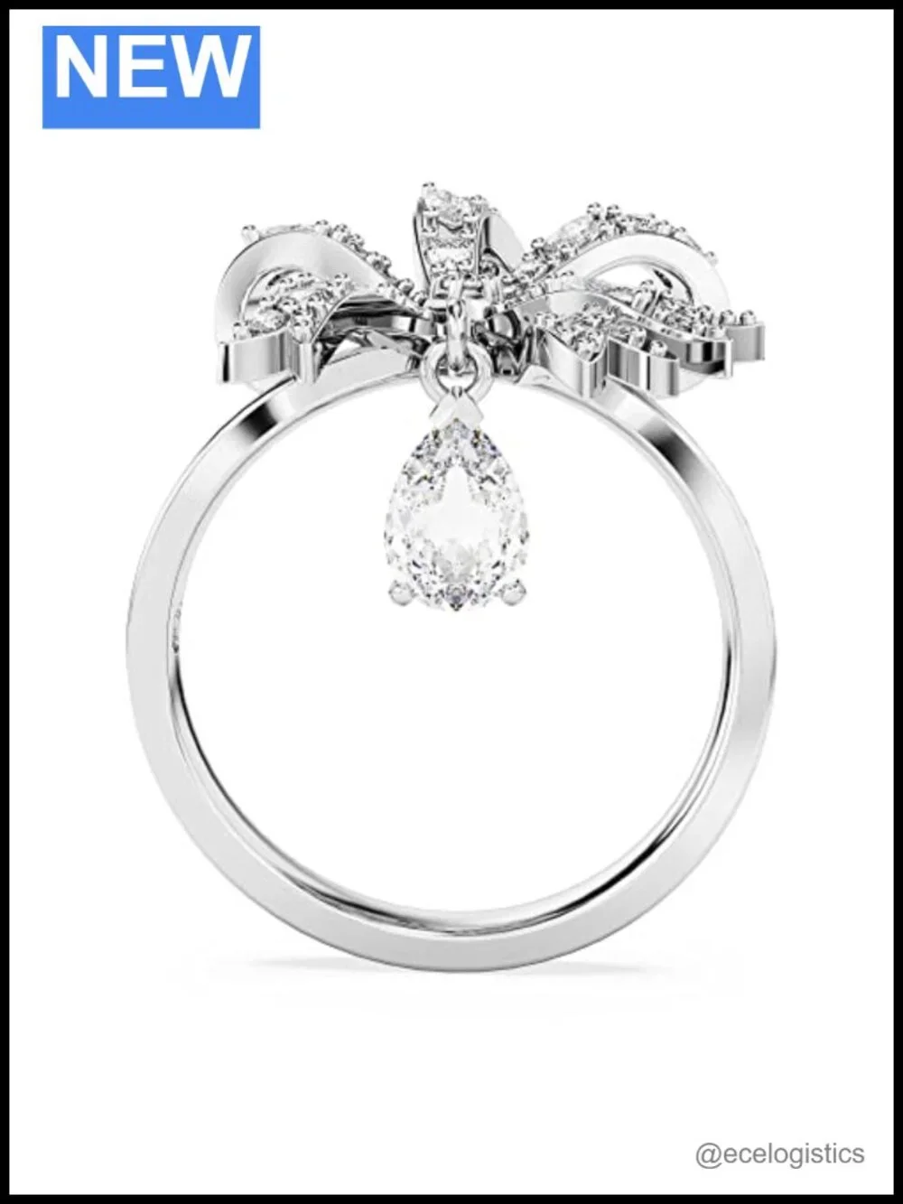 Cocktail Ring Bow Small Rhodium Finish Clear Crystal Size 5